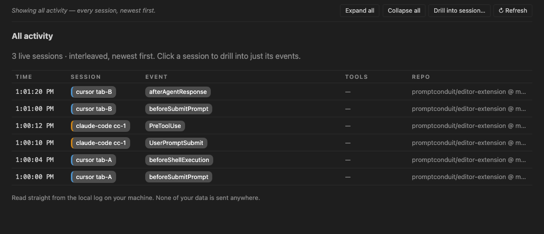 The Stream panel in Cursor: a live event feed following the session you have selected.
